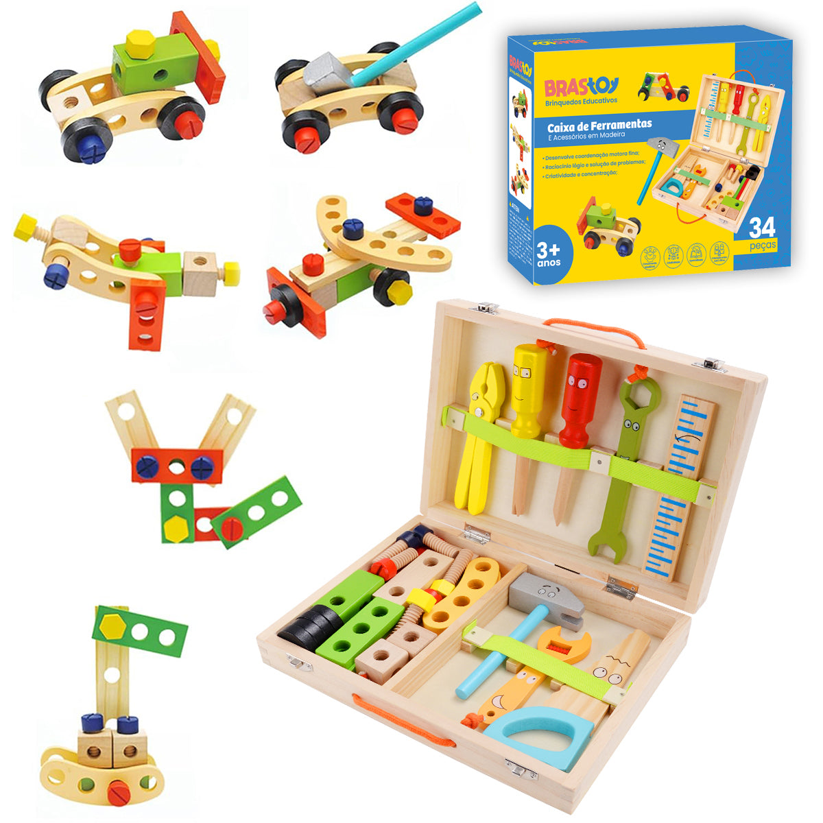 Kit Ferramentas De Madeira Infantil Jogo De Simulação Montessori Sensorial Didático Brinquedo Educativo Bloco de Montar