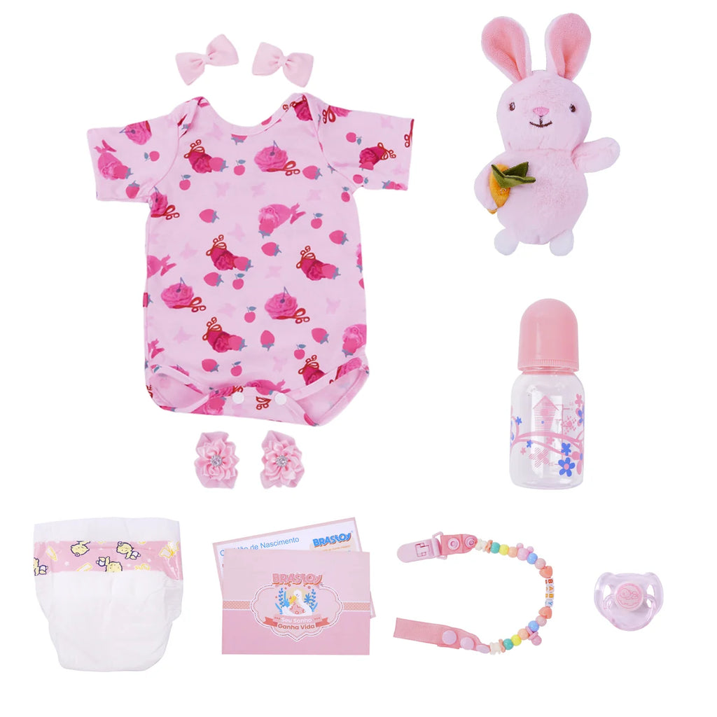 Boneca Bebê Reborn Realista Brastoy Original 48 cm Silicone Kit Conjunto de Roupa Mamadeira Chupeta Certidão Fralda e Pelúcia