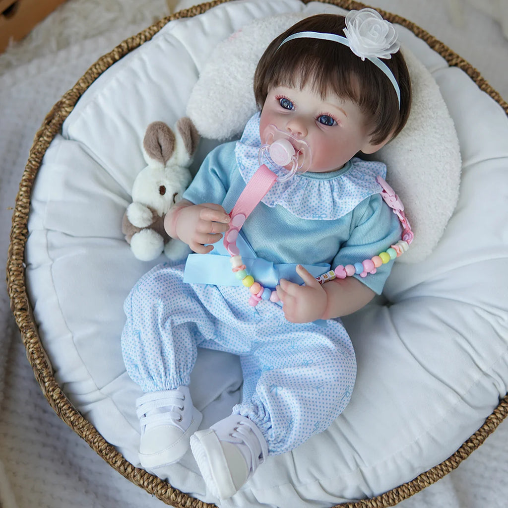 Boneca Bebê Reborn Brastoy Realista Silicone 48cm Conjunto de Roupa Chupeta Mamadeira e Pelúcia Pode Dar Banho Roupa