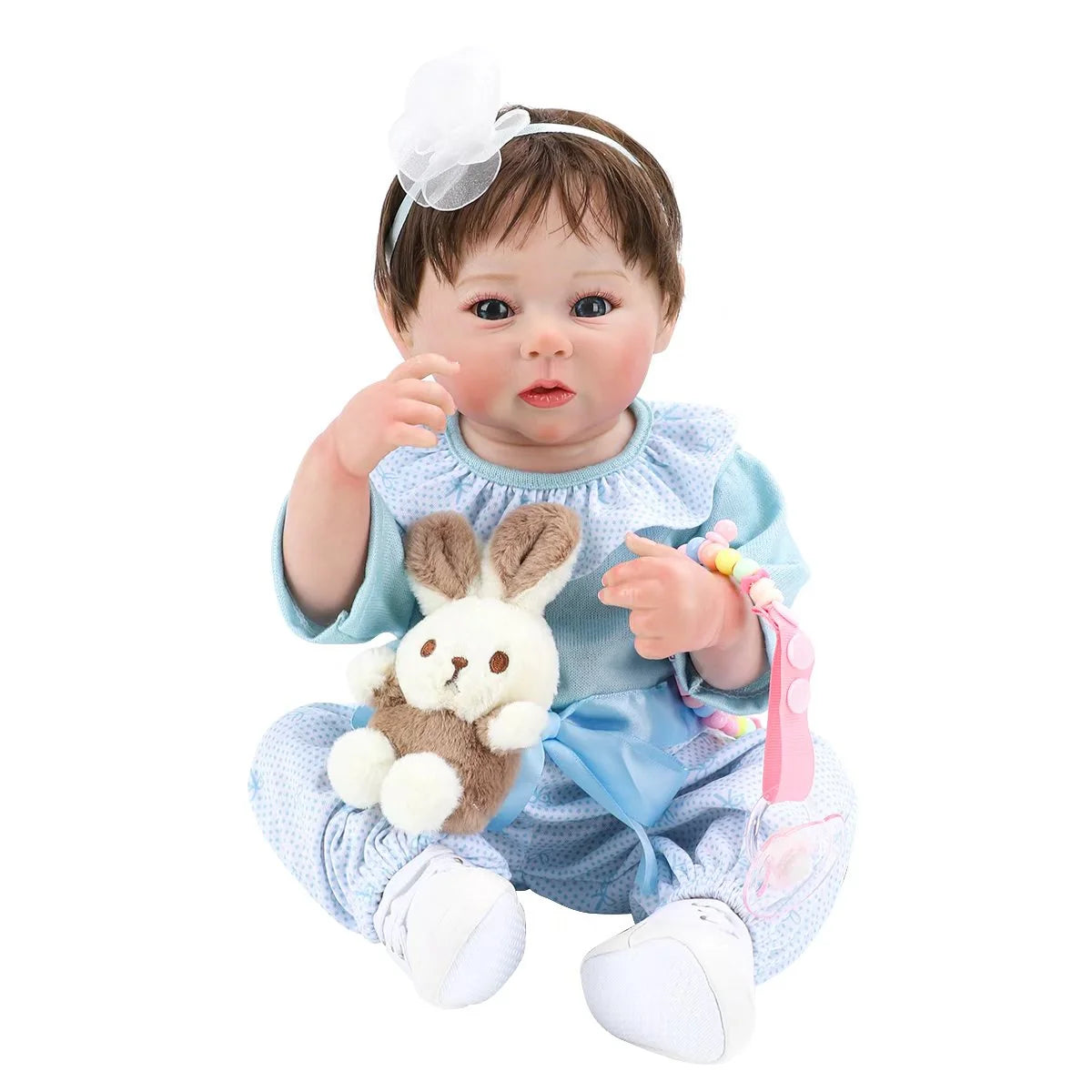 Boneca Bebê Reborn Brastoy Realista Silicone 48cm Conjunto de Roupa Chupeta Mamadeira e Pelúcia Pode Dar Banho Roupa