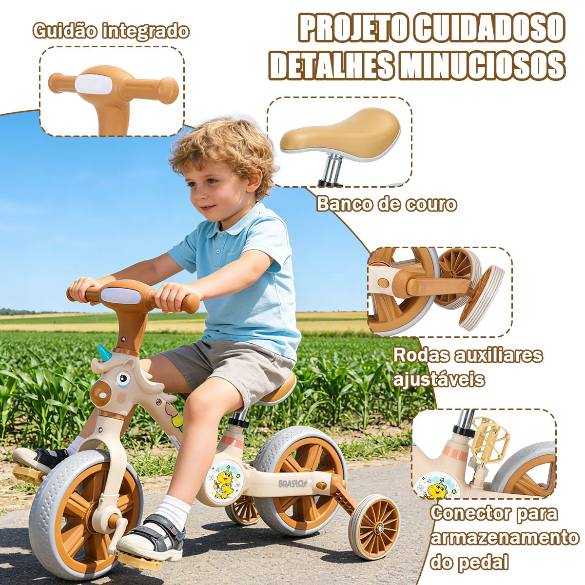 Bicicleta infantil 3 em 1 Bicicleta Triciclo e Bicicleta Sem Pedais com Efeitos Sonoros e Luminosos