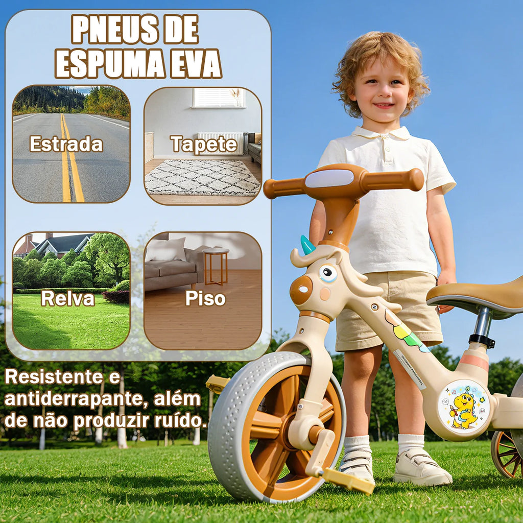 Bicicleta infantil 3 em 1 Bicicleta Triciclo e Bicicleta Sem Pedais com Efeitos Sonoros e Luminosos