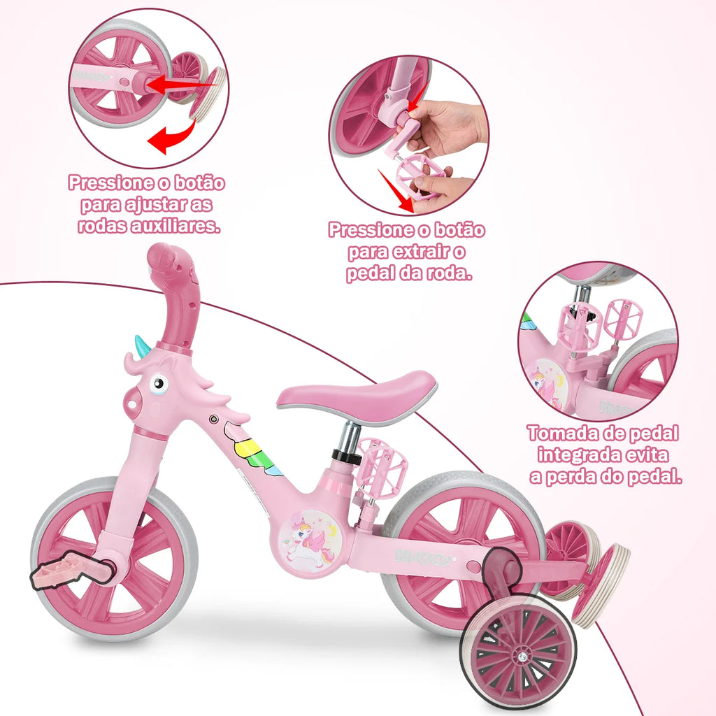 Bicicleta infantil 3 em 1 Bicicleta Triciclo e Bicicleta Sem Pedais com Efeitos Sonoros e Luminosos