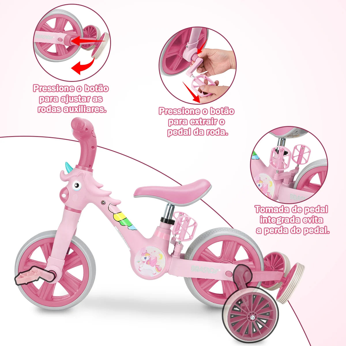 Bicicleta infantil 3 em 1 Bicicleta Triciclo e Bicicleta Sem Pedais com Efeitos Sonoros e Luminosos