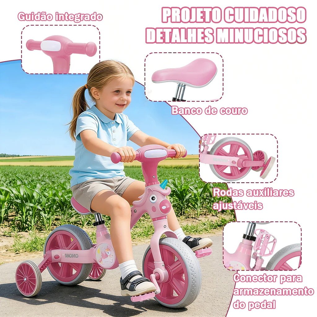 Bicicleta infantil 3 em 1 Bicicleta Triciclo e Bicicleta Sem Pedais com Efeitos Sonoros e Luminosos