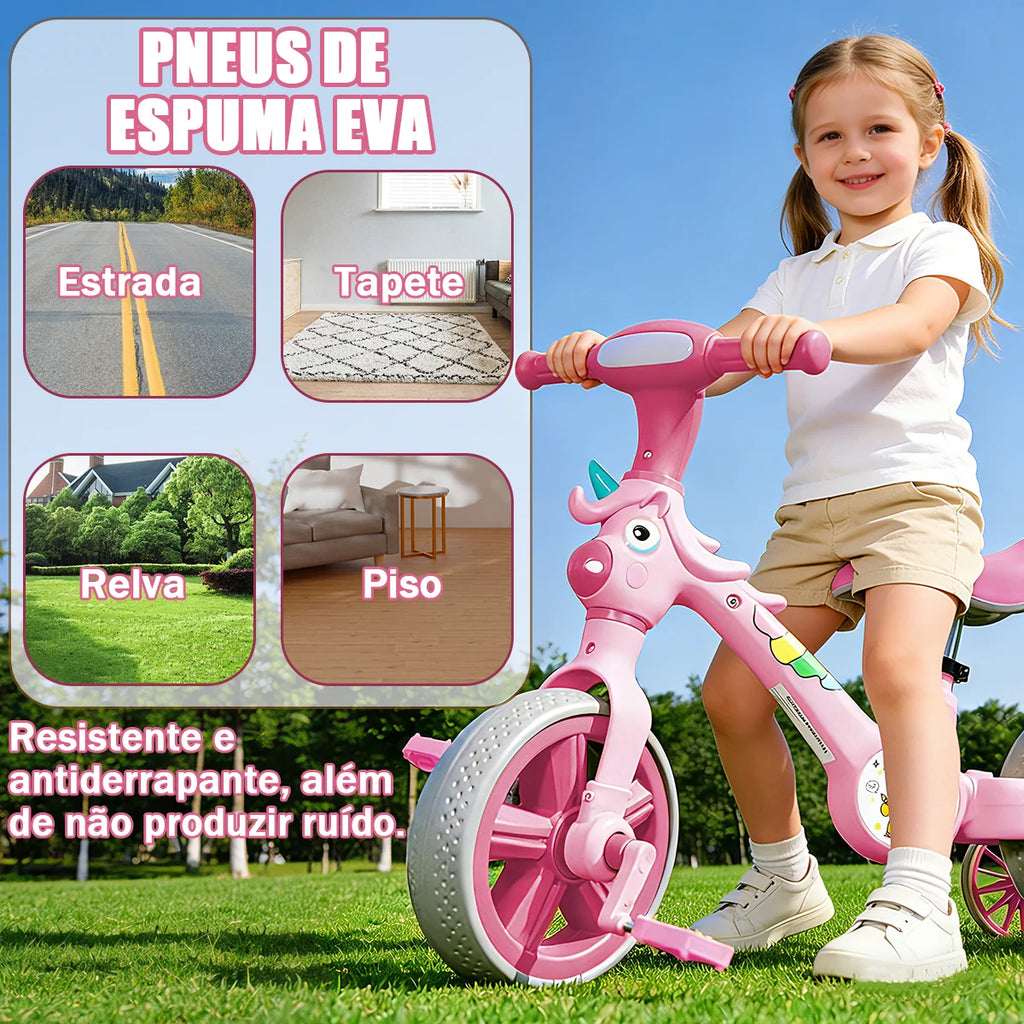 Bicicleta infantil 3 em 1 Bicicleta Triciclo e Bicicleta Sem Pedais com Efeitos Sonoros e Luminosos