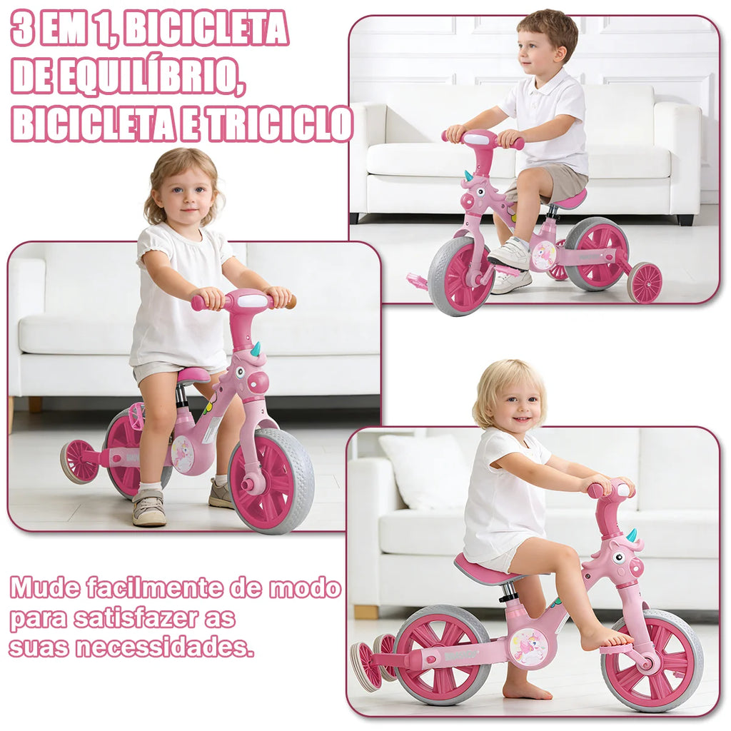 Bicicleta infantil 3 em 1 Bicicleta Triciclo e Bicicleta Sem Pedais com Efeitos Sonoros e Luminosos