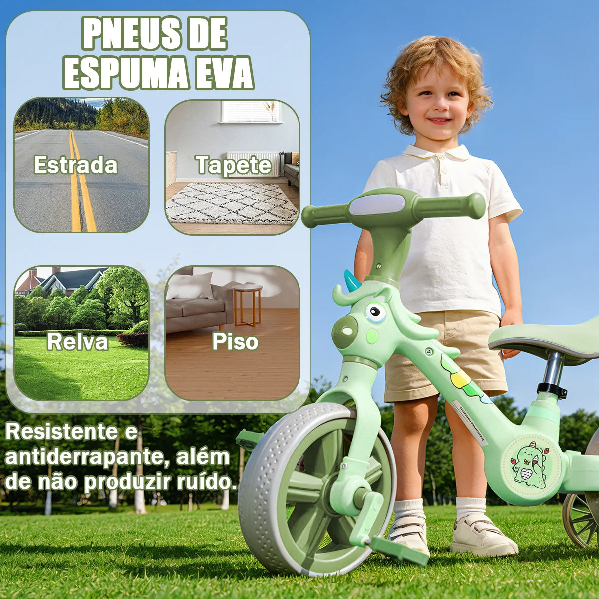 Bicicleta infantil 3 em 1 Bicicleta Triciclo e Bicicleta Sem Pedais com Efeitos Sonoros e Luminosos