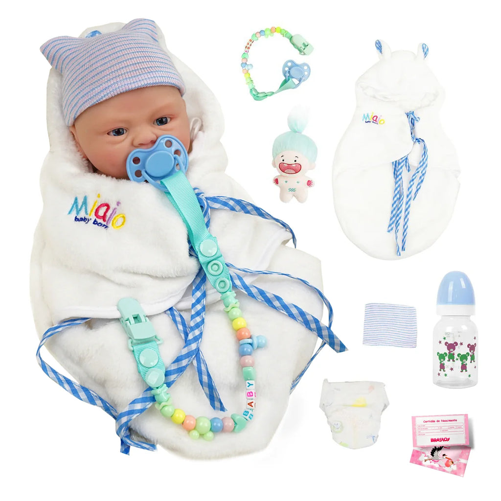 Boneco Bebê Reborn Brastoy Silicone Sólido 40cm Pode Tomar Banho Kit Acessórios Chupeta Fralda Mamadeira Pelúcia Certidão