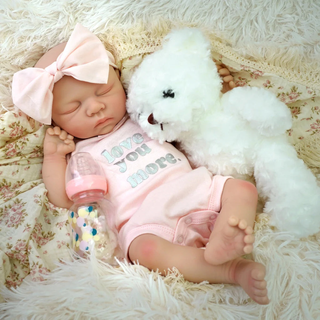 Bebê Reborn Boneca 48cm Silicone Sólido Menina Conjunto de Roupa Chupeta Mamadeira Pelúcia Fralda e Certidão