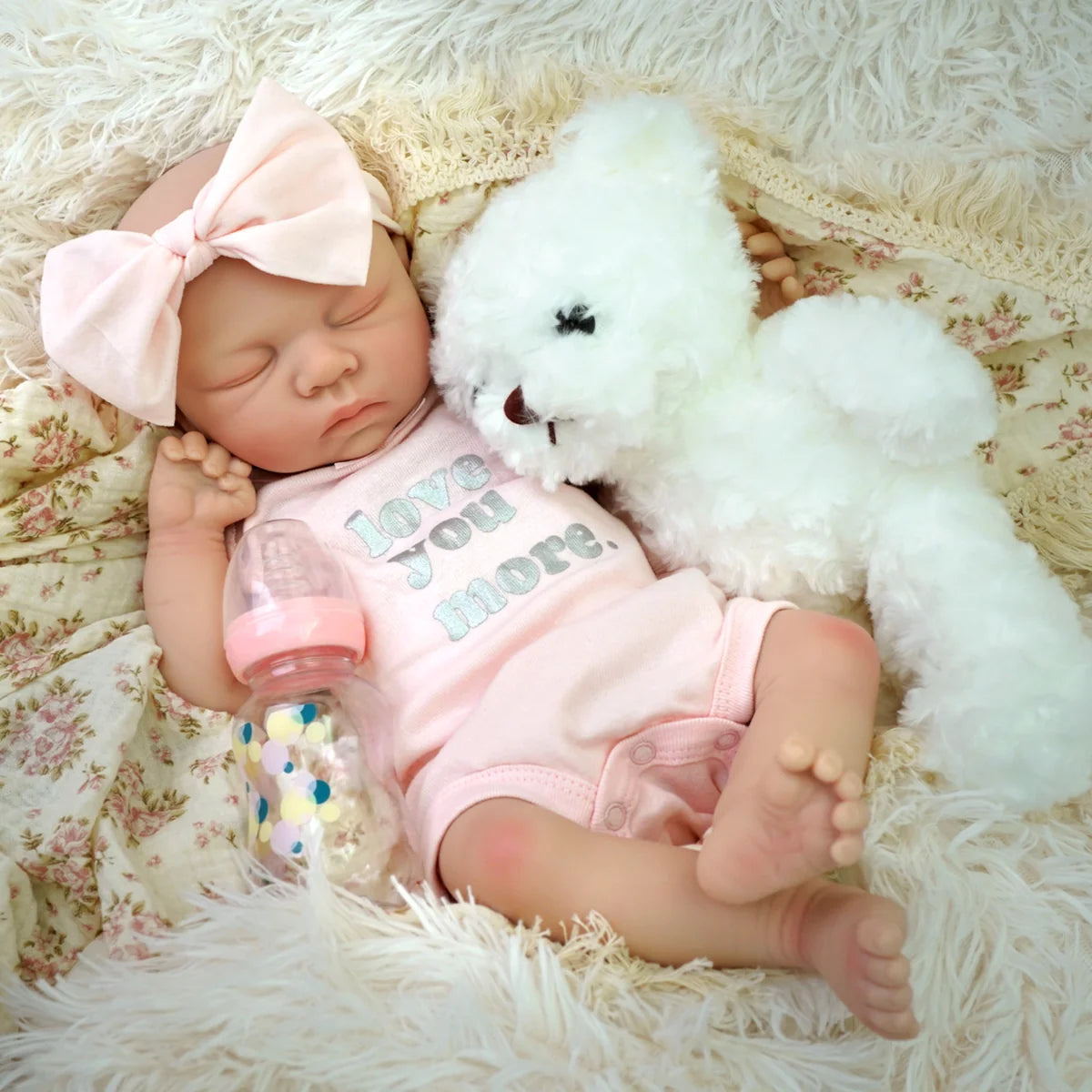 Bebê Reborn Boneca 48cm Silicone Sólido Menina Conjunto de Roupa Chupeta Mamadeira Pelúcia Fralda e Certidão