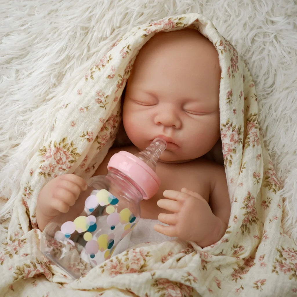 Bebê Reborn Boneca 48cm Silicone Sólido Menina Conjunto de Roupa Chupeta Mamadeira Pelúcia Fralda e Certidão