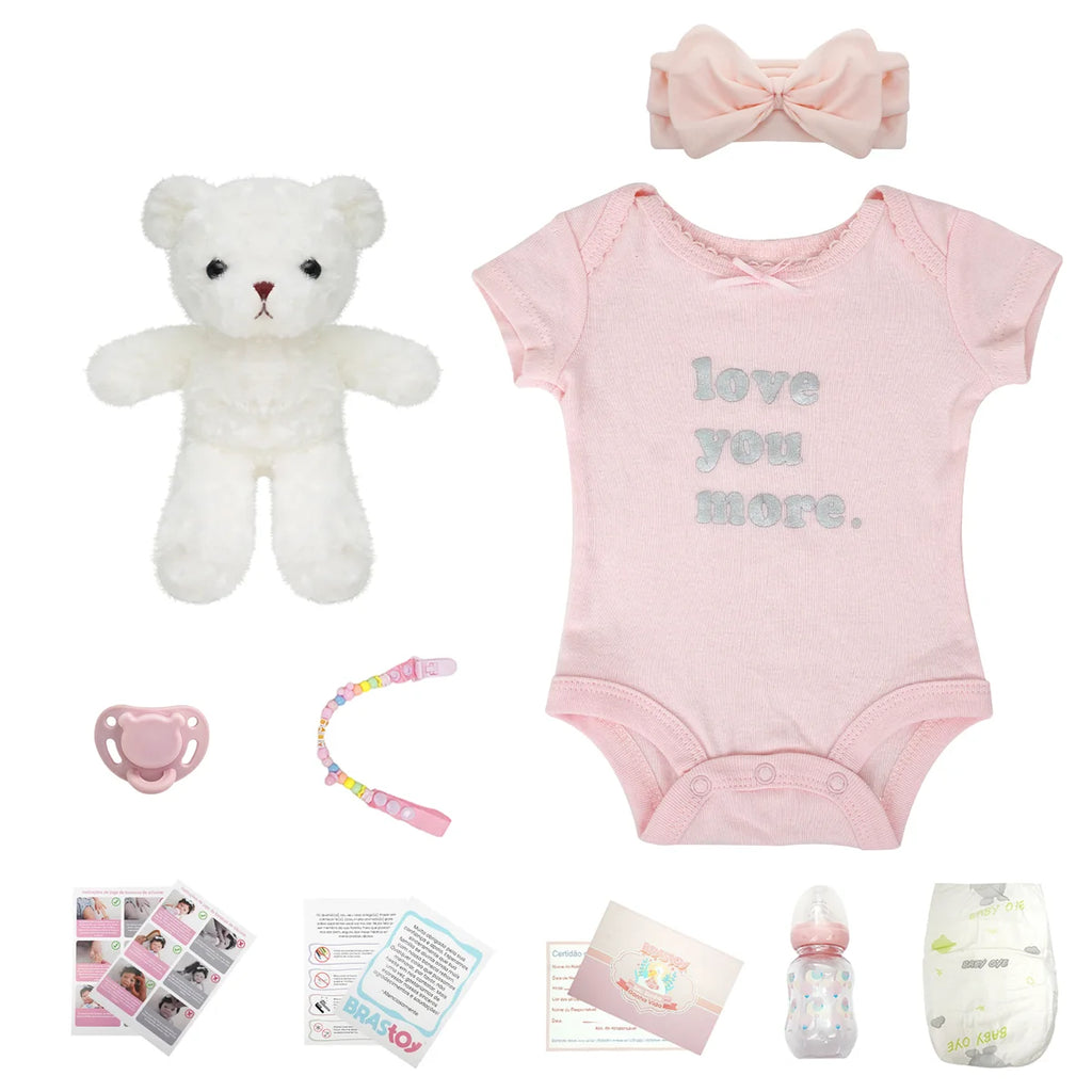 Bebê Reborn Boneca 48cm Silicone Sólido Menina Conjunto de Roupa Chupeta Mamadeira Pelúcia Fralda e Certidão