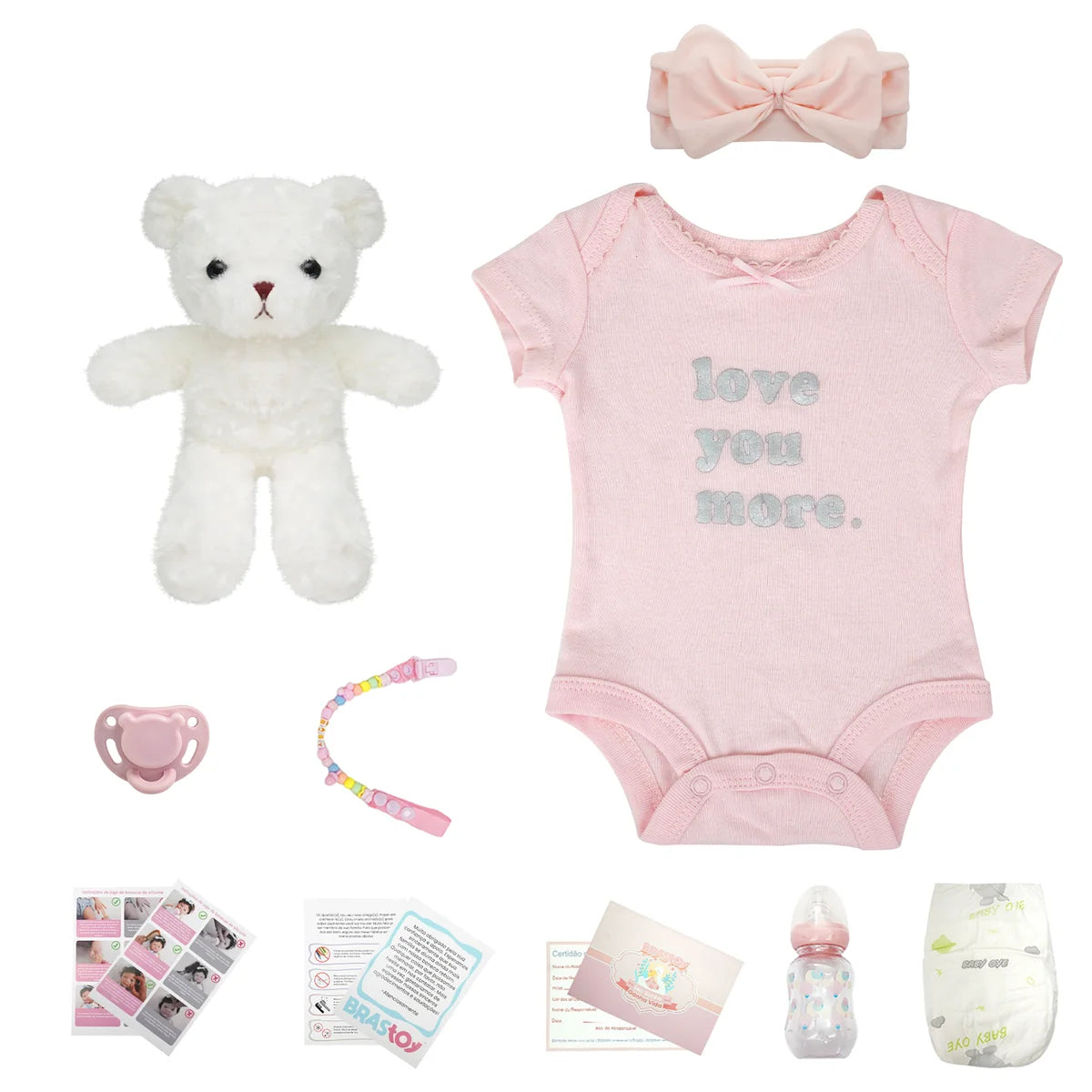 Bebê Reborn Boneca 48cm Silicone Sólido Menina Conjunto de Roupa Chupeta Mamadeira Pelúcia Fralda e Certidão