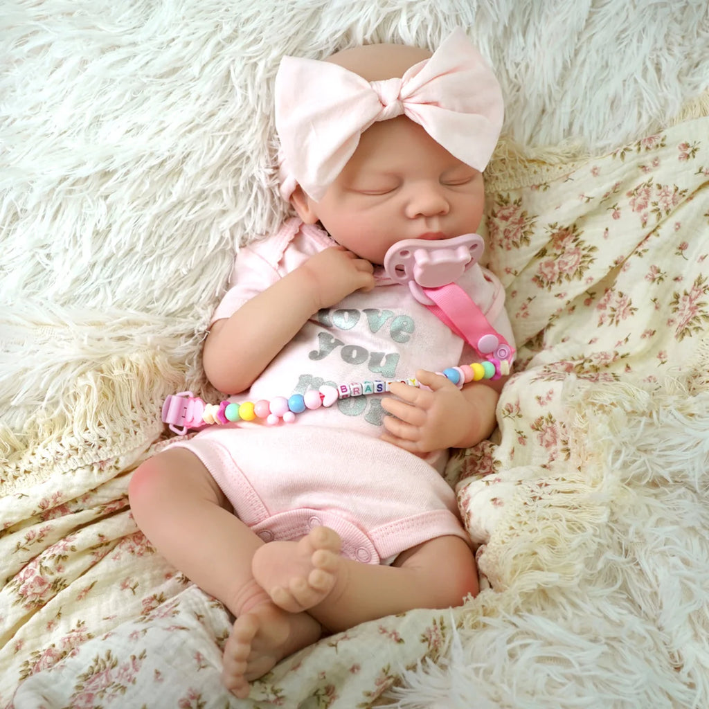 Bebê Reborn Boneca 48cm Silicone Sólido Menina Conjunto de Roupa Chupeta Mamadeira Pelúcia Fralda e Certidão