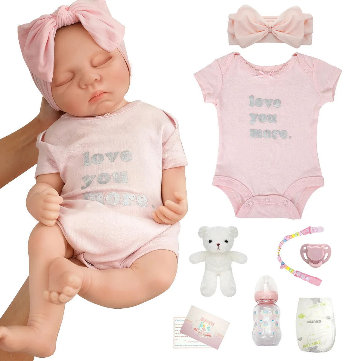 Bebê Reborn Boneca 48cm Silicone Sólido Menina Conjunto de Roupa Chupeta Mamadeira Pelúcia Fralda e Certidão