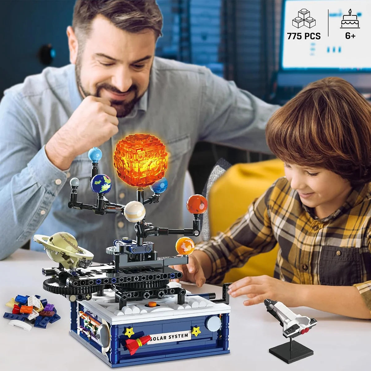 Bloco de Montar Giratório do Sistema Solar Kit Planetário com Luzes 775 peças Encaixe Brinquedo Educativo Infantil de Planetas Espaço