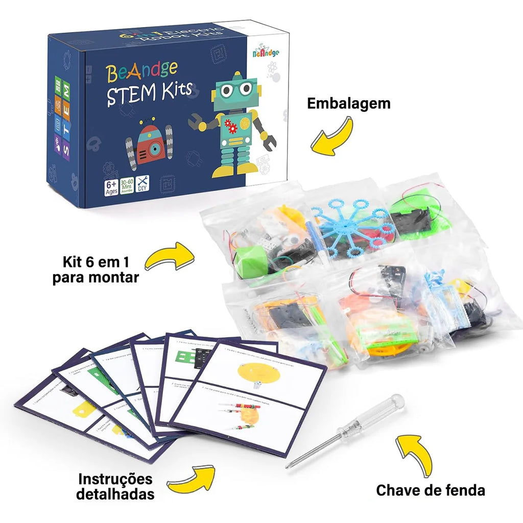 Bloco de Montar Infantil Robótica Educacional de Ciências 6 em 1 à Pilha Brinquedo Educativo de Encaixar para Crianças