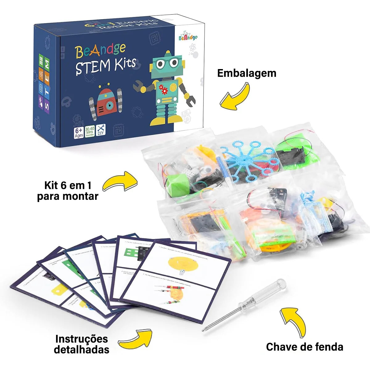 Bloco de Montar Infantil Robótica Educacional de Ciências 6 em 1 à Pilha Brinquedo Educativo de Encaixar para Crianças