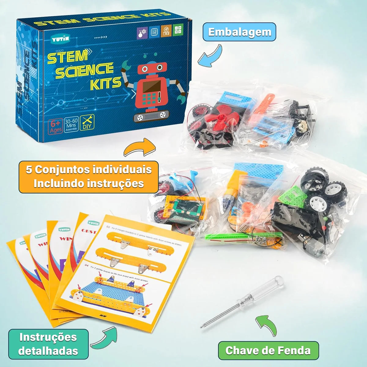 Bloco de Montar Infantil Robótica Robô Educacional de Ciências 5 em 1 à Pilha Brinquedo Educativo de Encaixar para Crianças