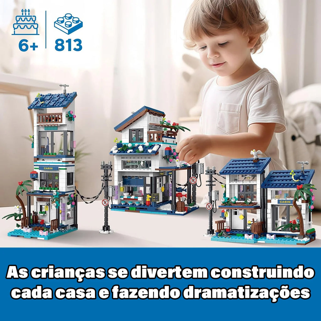 Bloco de Montar Casa da Praia 813 Peças de Encaixar Com Luzes LED Crianças Adulto Adolescentes Infantil Bloco de Construção Decoração Colecionador