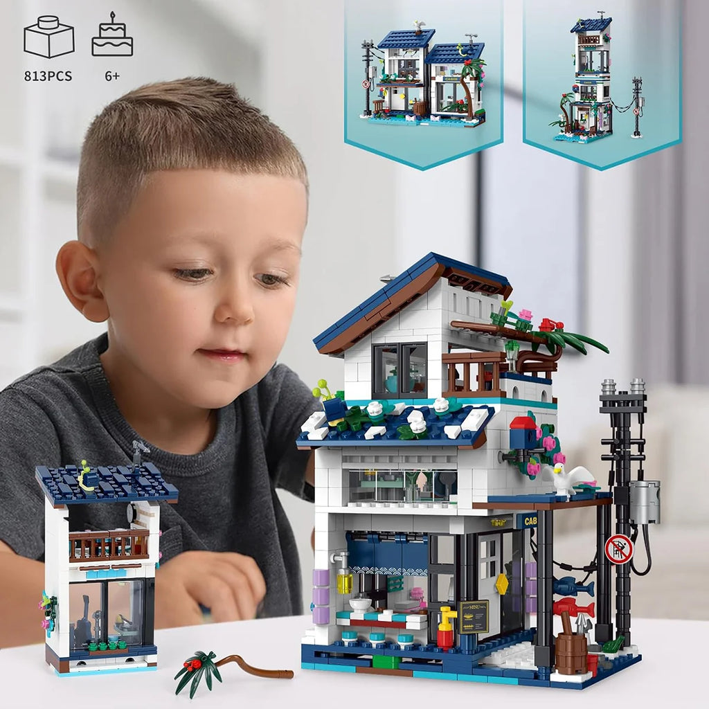 Bloco de Montar Casa da Praia 813 Peças de Encaixar Com Luzes LED Crianças Adulto Adolescentes Infantil Bloco de Construção Decoração Colecionador