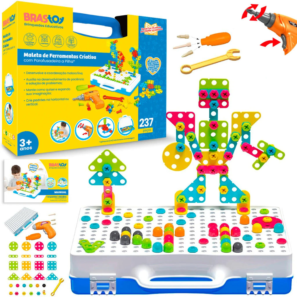 Bloco de Montar Infantil 237 Peças Brinquedo Educativo de Encaixar Montagem de Parafusos Caixa de Ferramentas