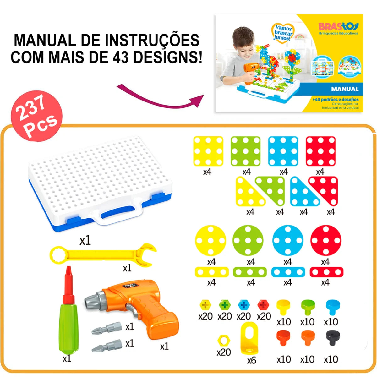Bloco de Montar Infantil 237 Peças Brinquedo Educativo de Encaixar Montagem de Parafusos Caixa de Ferramentas