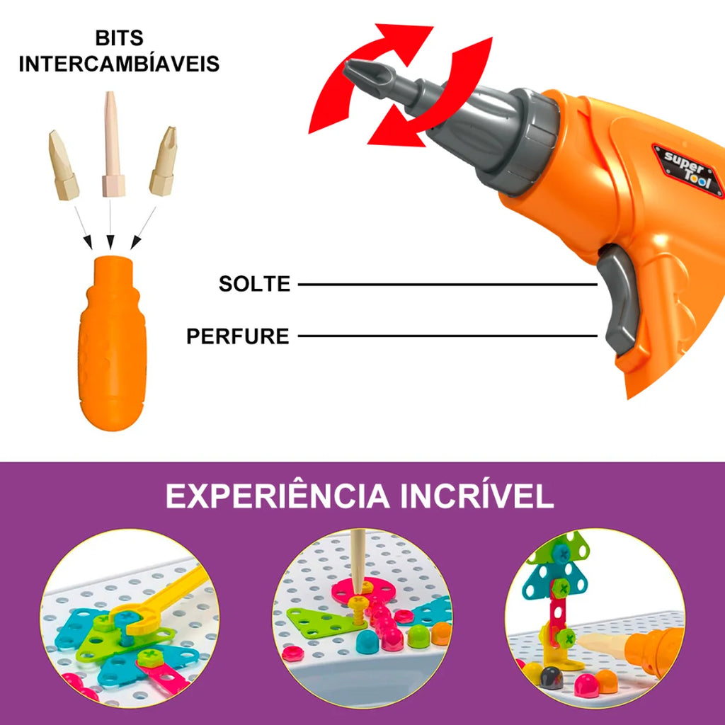 Bloco de Montar Infantil 237 Peças Brinquedo Educativo de Encaixar Montagem de Parafusos Caixa de Ferramentas