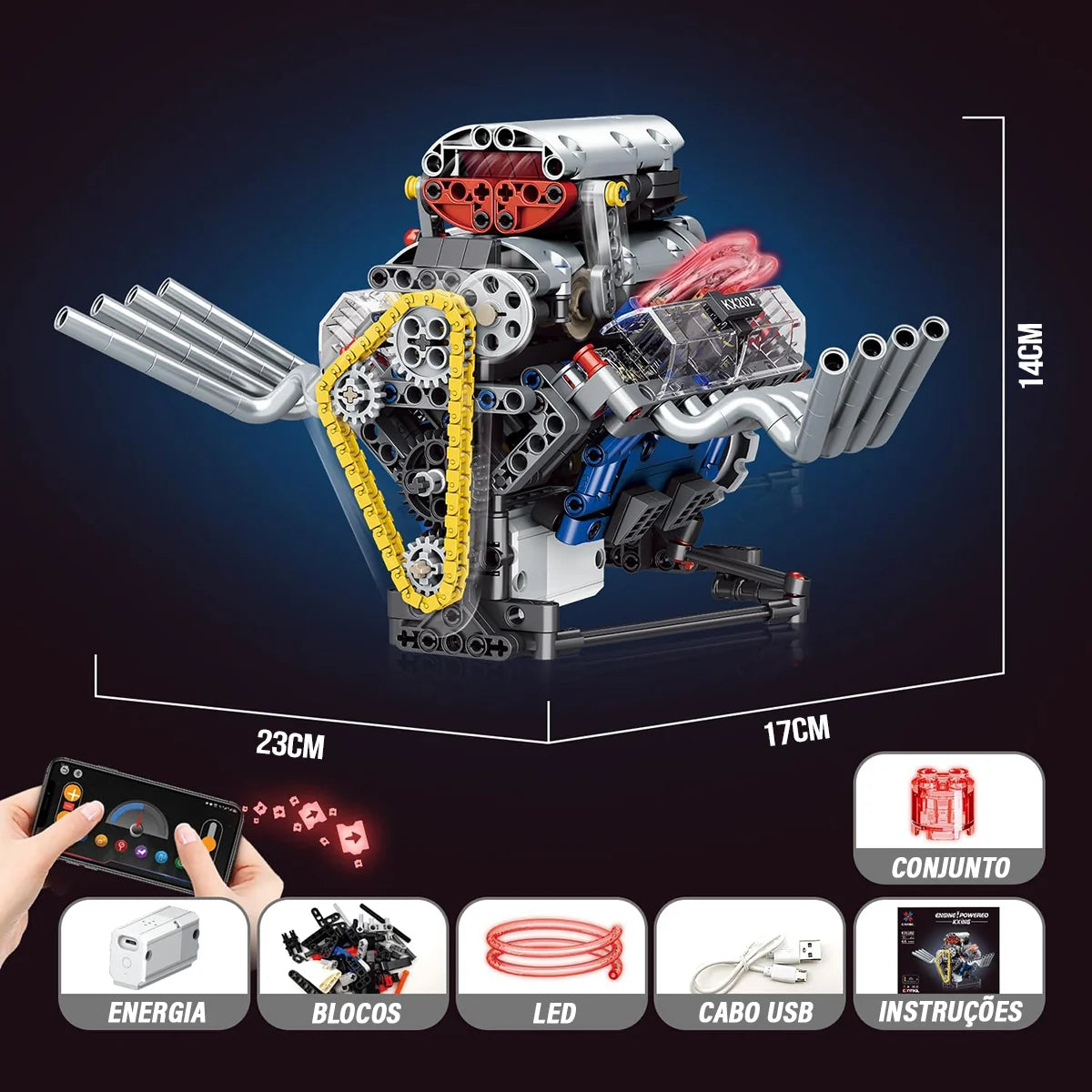 Bloco de Montar de Encaixe Motor V8 665 peças USB Controle via APP Decoração Brinquedo Educativo Infantil Adolescente Adulto Conjunto de Construção