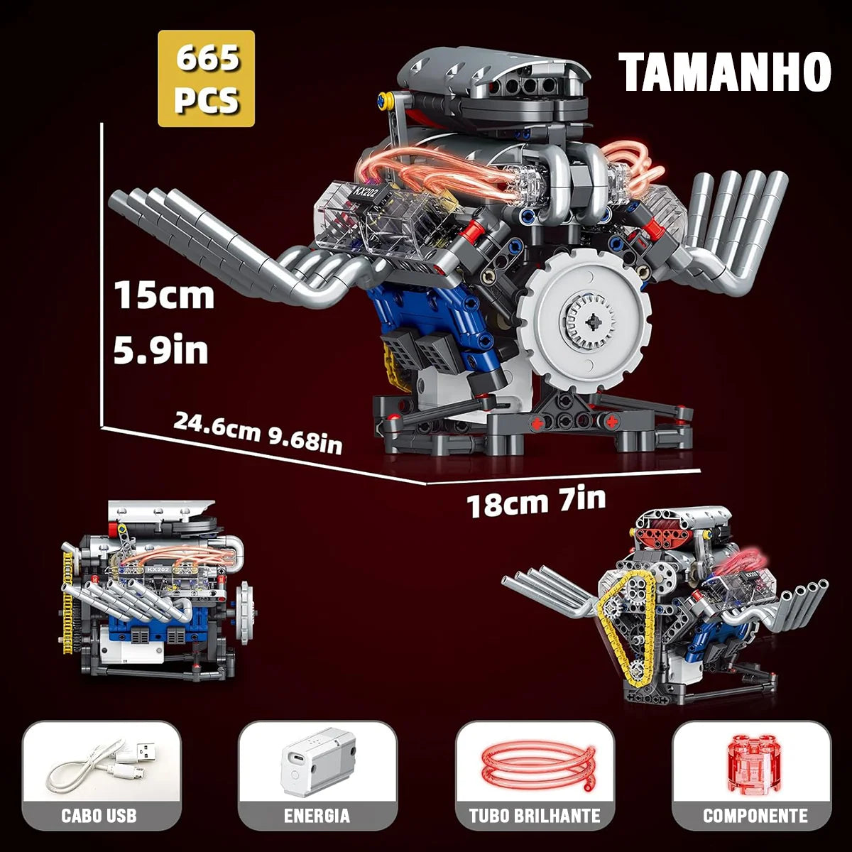 Bloco de Montar de Encaixe Motor V8 665 peças USB Controle via APP Decoração Brinquedo Educativo Infantil Adolescente Adulto Conjunto de Construção