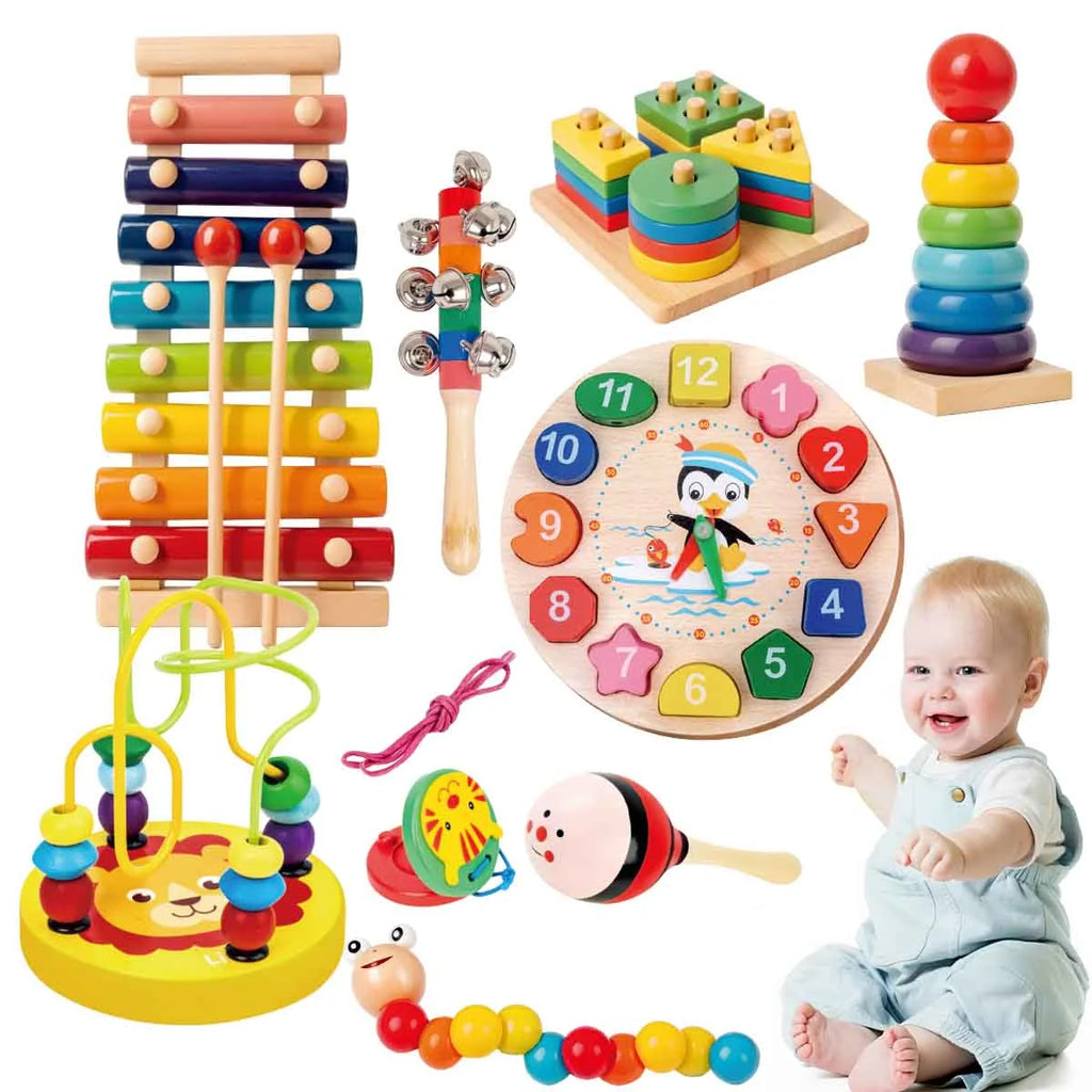 Kit de 9 Brinquedos Educativos para Crianças Bebês de Madeira Multisensoriais para Educação infantil Montar Encaixar Tocar
