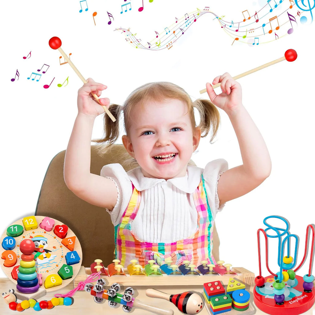 Kit de 9 Brinquedos Educativos para Crianças Bebês de Madeira Multisensoriais para Educação infantil Montar Encaixar Tocar