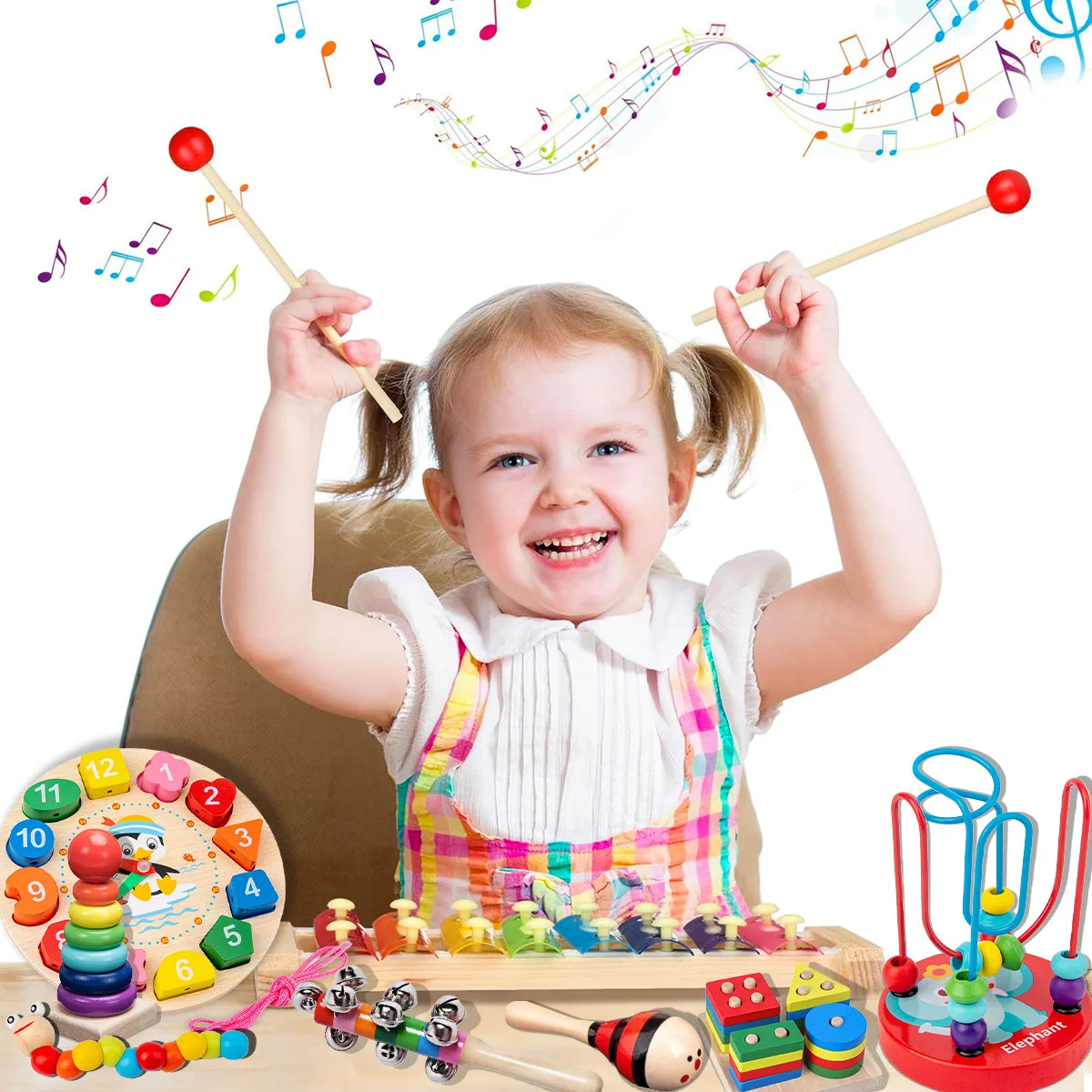 Kit de 9 Brinquedos Educativos para Crianças Bebês de Madeira Multisensoriais para Educação infantil Montar Encaixar Tocar