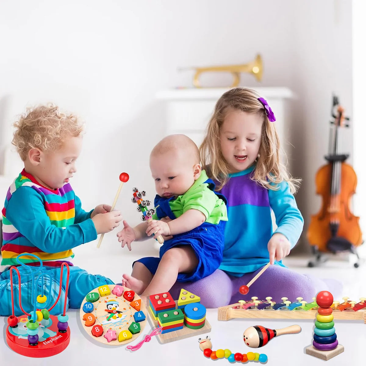 Kit de 9 Brinquedos Educativos para Crianças Bebês de Madeira Multisensoriais para Educação infantil Montar Encaixar Tocar