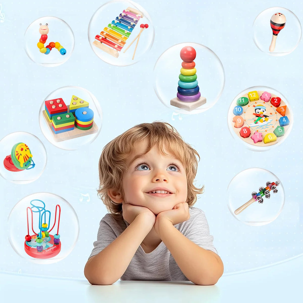 Kit de 9 Brinquedos Educativos para Crianças Bebês de Madeira Multisensoriais para Educação infantil Montar Encaixar Tocar