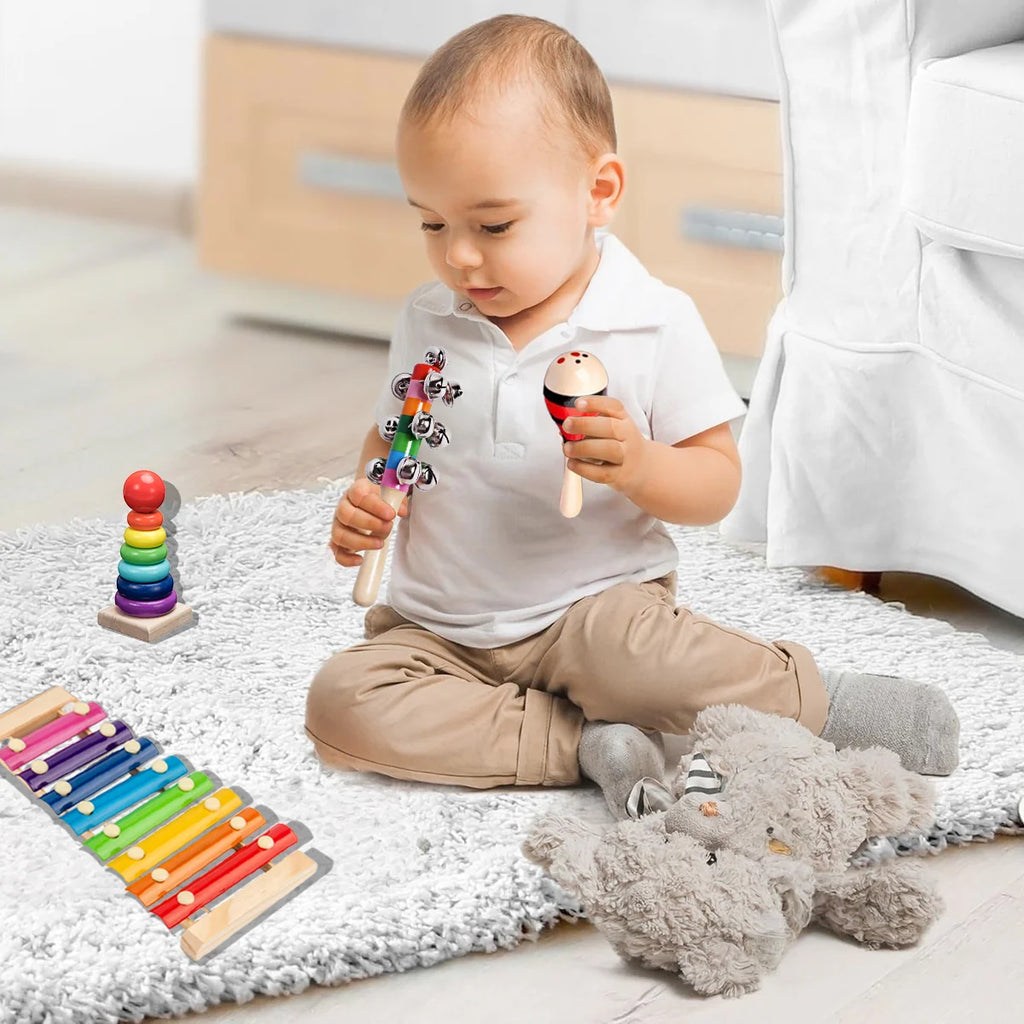 Kit de 9 Brinquedos Educativos para Crianças Bebês de Madeira Multisensoriais para Educação infantil Montar Encaixar Tocar