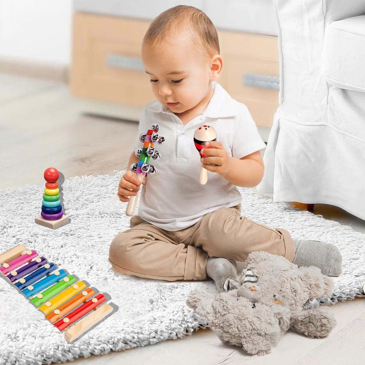 Kit de 9 Brinquedos Educativos para Crianças Bebês de Madeira Multisensoriais para Educação infantil Montar Encaixar Tocar