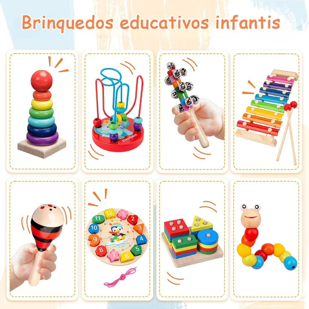 Kit de 9 Brinquedos Educativos para Crianças Bebês de Madeira Multisensoriais para Educação infantil Montar Encaixar Tocar