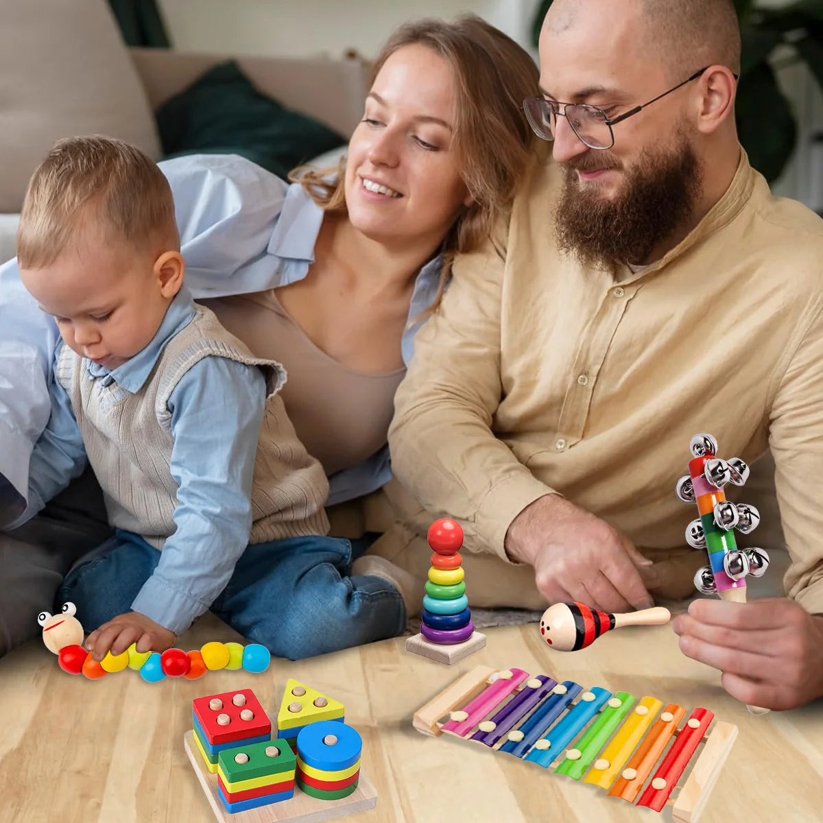 Kit de 9 Brinquedos Educativos para Crianças Bebês de Madeira Multisensoriais para Educação infantil Montar Encaixar Tocar