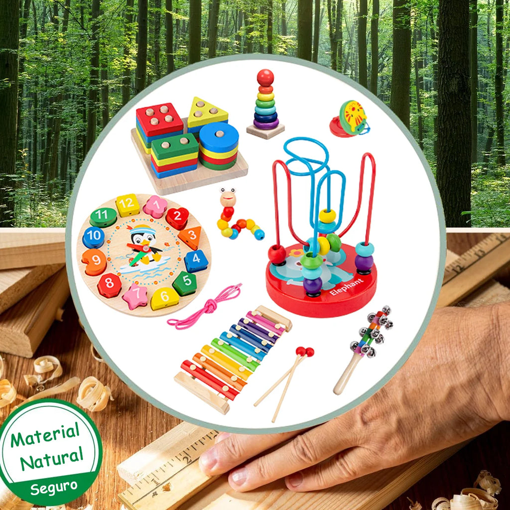 Kit de 9 Brinquedos Educativos para Crianças Bebês de Madeira Multisensoriais para Educação infantil Montar Encaixar Tocar