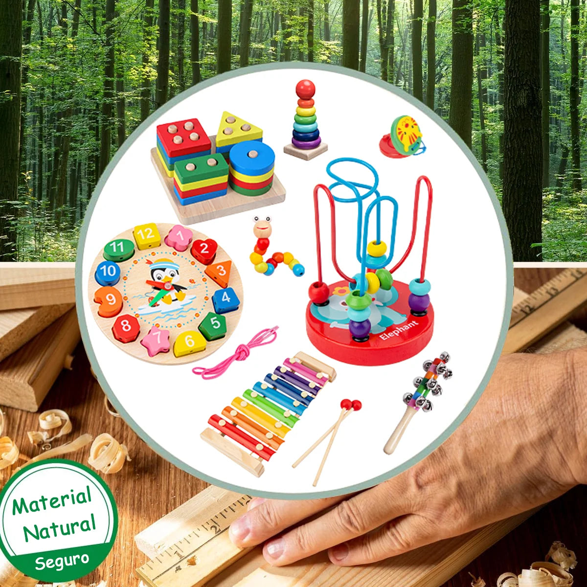 Kit de 9 Brinquedos Educativos para Crianças Bebês de Madeira Multisensoriais para Educação infantil Montar Encaixar Tocar