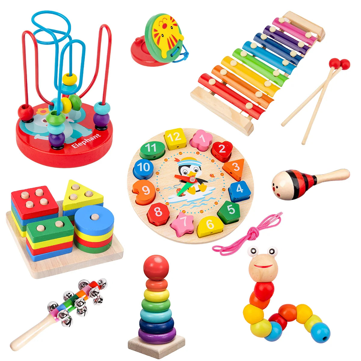 Kit de 9 Brinquedos Educativos para Crianças Bebês de Madeira Multisensoriais para Educação infantil Montar Encaixar Tocar