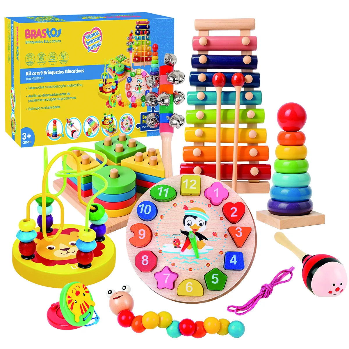 Kit de 9 Brinquedos Educativos para Crianças Bebês de Madeira Multisensoriais para Educação infantil Montar Encaixar Tocar