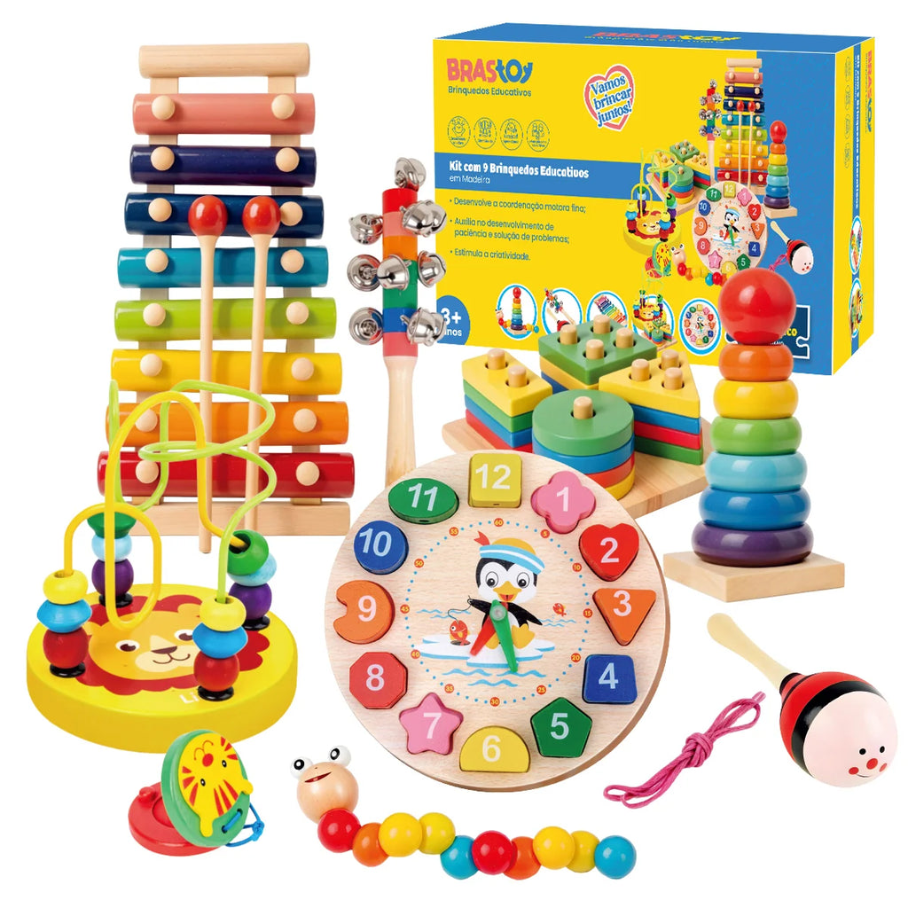 Kit de 9 Brinquedos Educativos para Crianças Bebês de Madeira Multisensoriais para Educação infantil Montar Encaixar Tocar