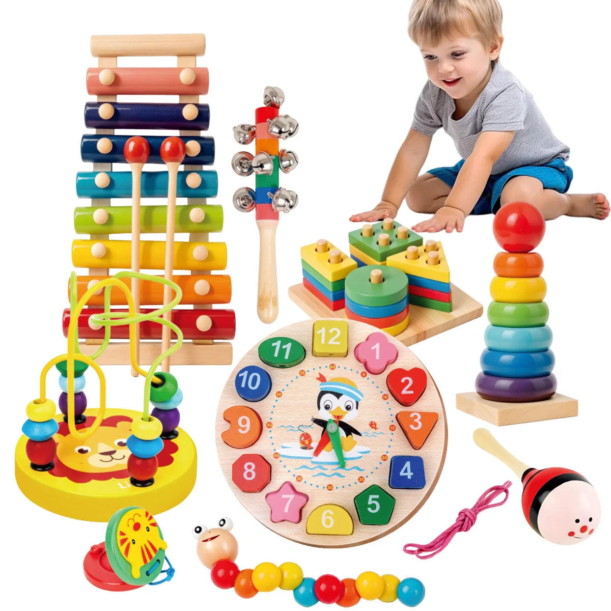 Kit de 9 Brinquedos Educativos para Crianças Bebês de Madeira Multisensoriais para Educação infantil Montar Encaixar Tocar