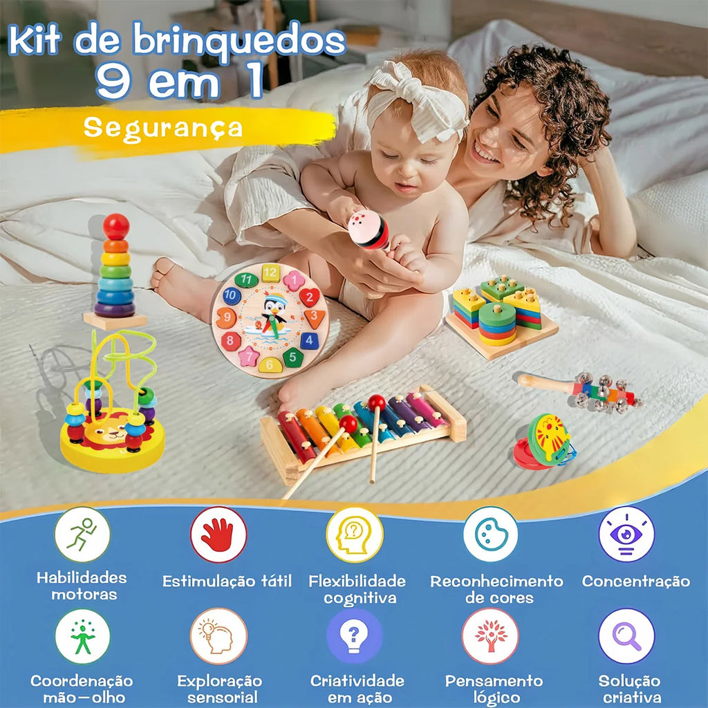 Kit de 9 Brinquedos Educativos para Crianças Bebês de Madeira Multisensoriais para Educação infantil Montar Encaixar Tocar