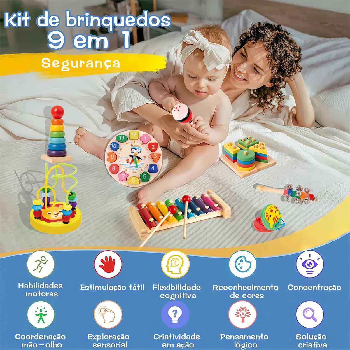Kit de 9 Brinquedos Educativos para Crianças Bebês de Madeira Multisensoriais para Educação infantil Montar Encaixar Tocar