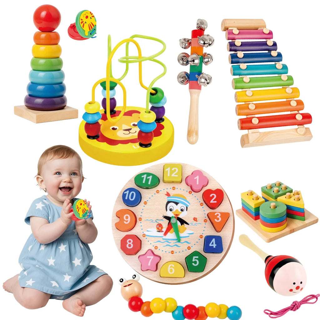 Kit de 9 Brinquedos Educativos para Crianças Bebês de Madeira Multisensoriais para Educação infantil Montar Encaixar Tocar