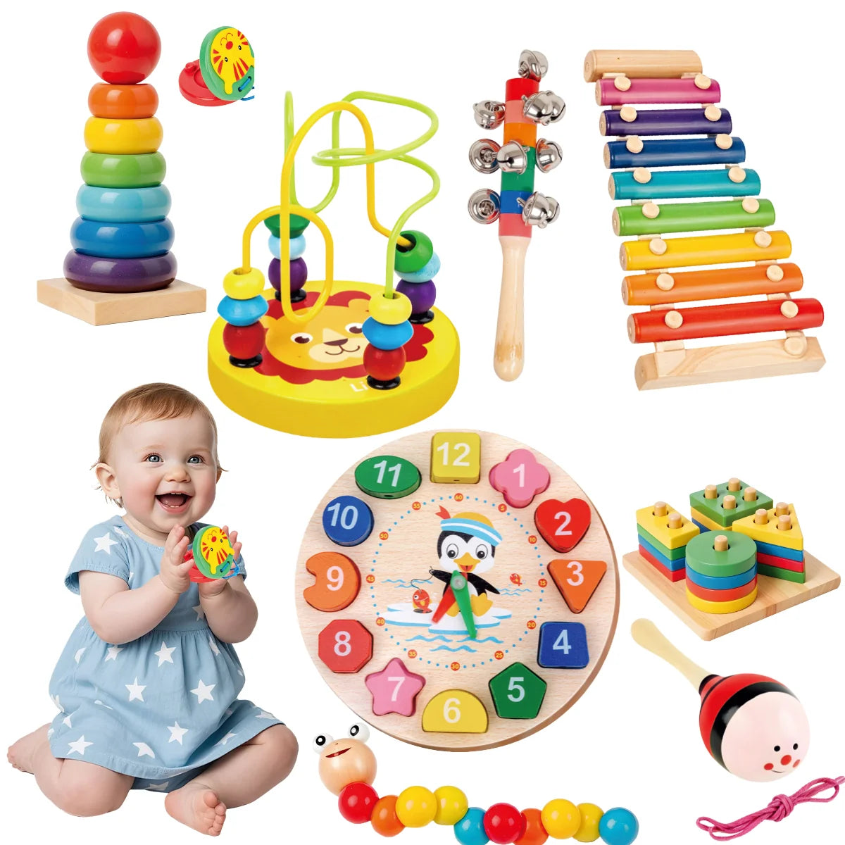 Kit de 9 Brinquedos Educativos para Crianças Bebês de Madeira Multisensoriais para Educação infantil Montar Encaixar Tocar
